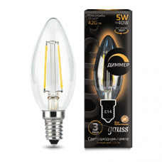 Лампа светодиодная филаментная Filament 5Вт свеча 2700К тепл. бел. 420лм диммир. GAUSS 103801105-D